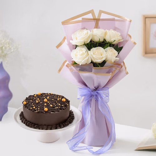 midnight-truffle-cake-white-roses-bouquet-combo